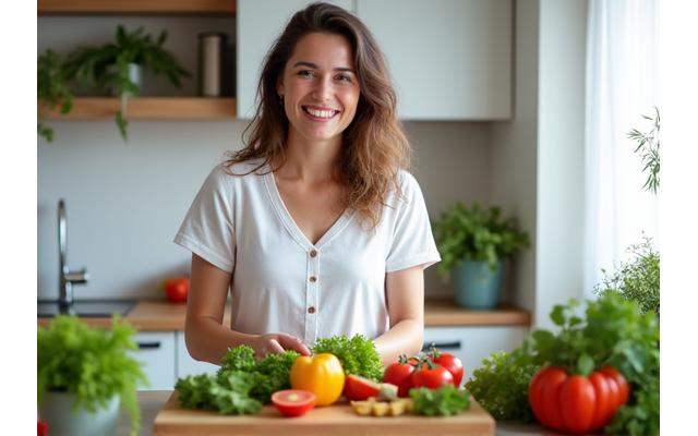 Una mujer sonriente preparando una ensalada vibrante y saludable en su cocina, transmitiendo calma y bienestar.