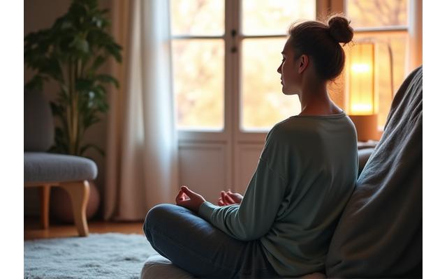 Una persona sentada tranquilamente meditando junto a una ventana con luz suave, simbolizando la calma y el manejo del estrés.