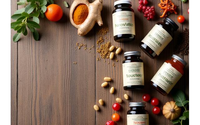 Una variedad de suplementos nutricionales y hierbas sobre una mesa de madera rústica, con luz natural, en un entorno de bienestar.