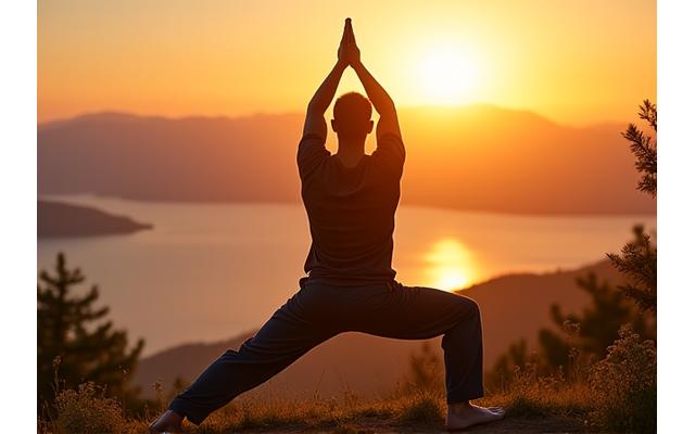 Un hombre de mediana edad en una postura de yoga al amanecer, con una expresión de paz y concentración, en un entorno natural.