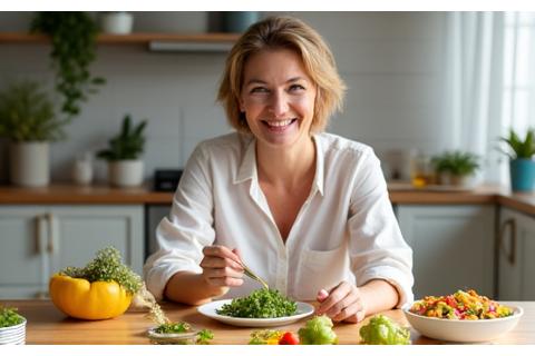 Mujer sonriendo comiendo ensalada fresca