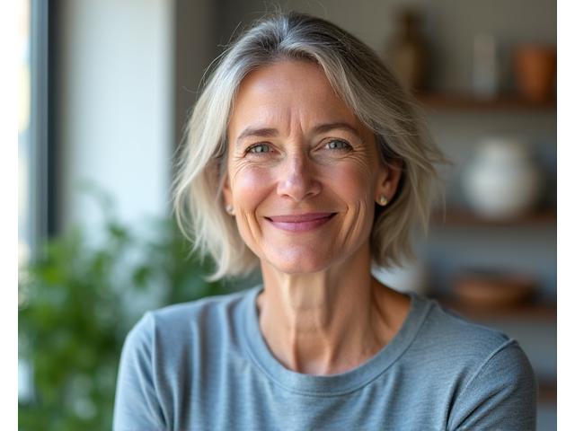 Fundadora de VidaLume Wellness sonriendo cálidamente en un entorno clínico moderno y luminoso.